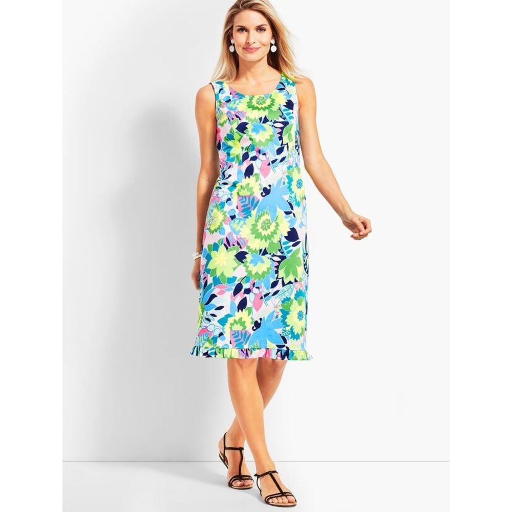 Talbots Island Floral Sateen Sheath Dress Multicolor Sleeveless Petite 12P